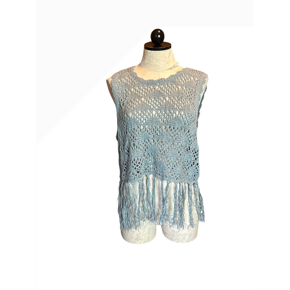 Shyanne Blue Crochet Knit Fringe Tank Top Boho Western XL Tassle Cowgirl